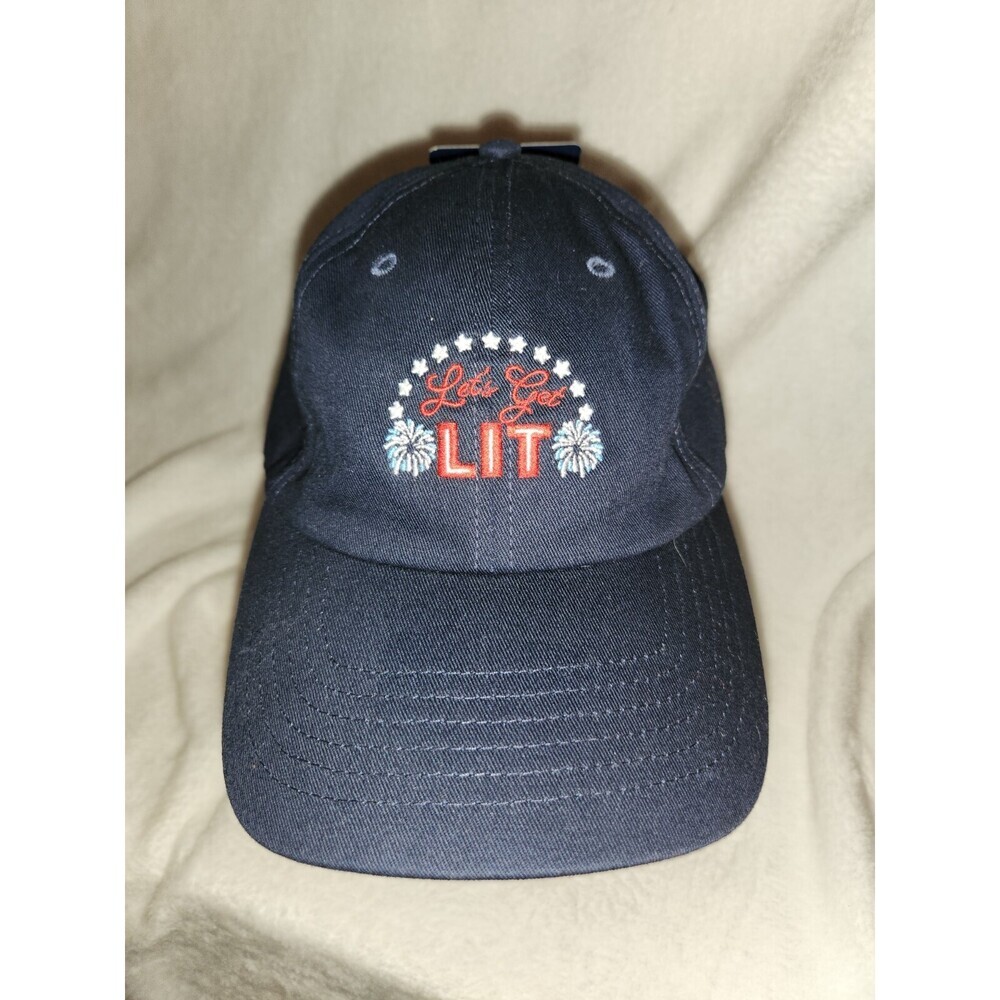 NWT MENS 4TH OF JULY "Let's Get LIT" NAVY BLUE NOVELTY BASEBALL HAT  ONE SIZE